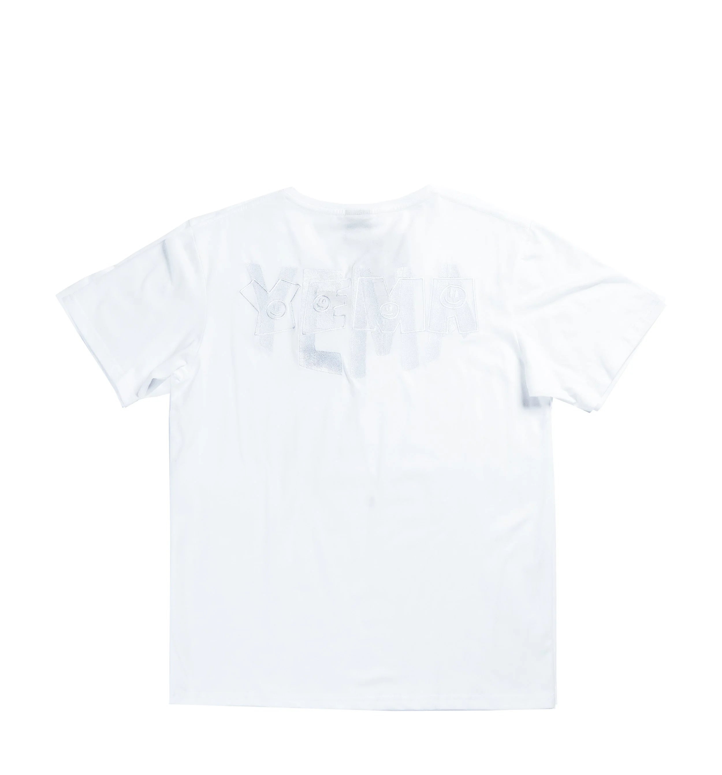 Classic white V-neck tee with YEMA heritage embroidery and 100% cotton fabric