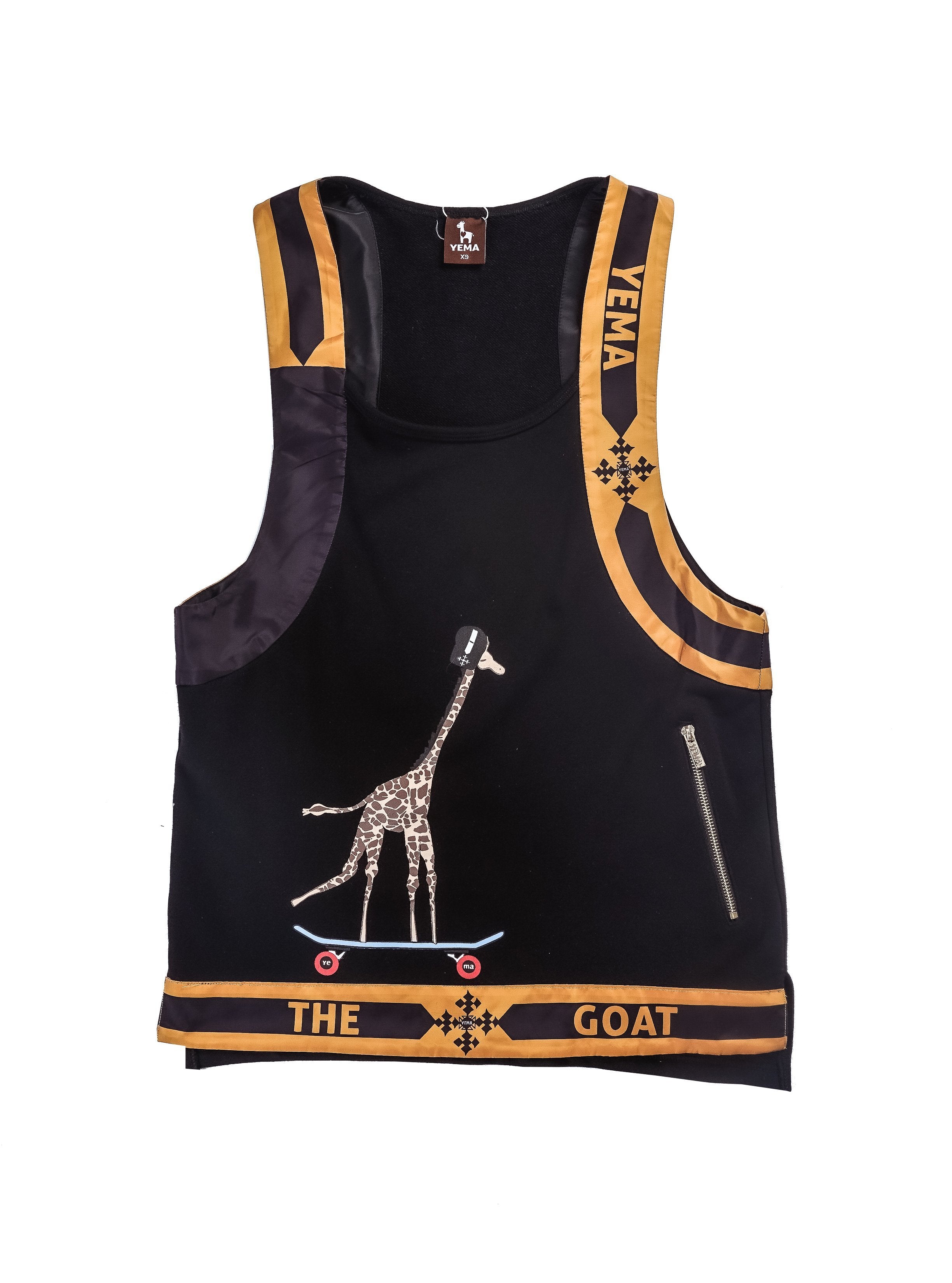 YEMA Rothiga tank top in Addis Black featuring skating giraffe motif and functional zipper pockets