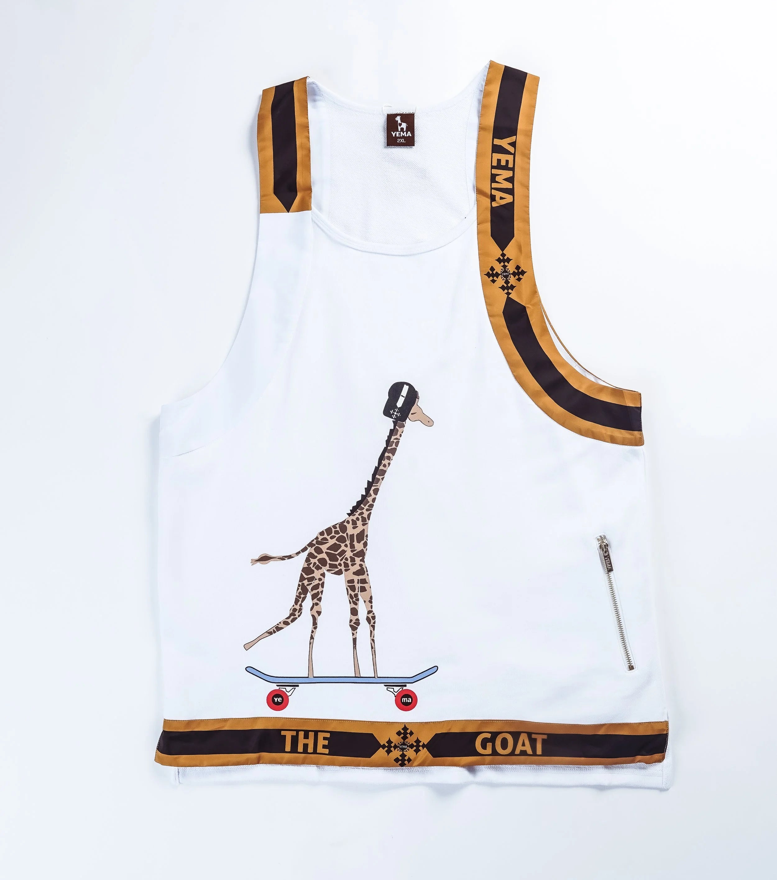 YEMA Rothiga tank top in white featuring skating giraffe motif and functional zipper pockets