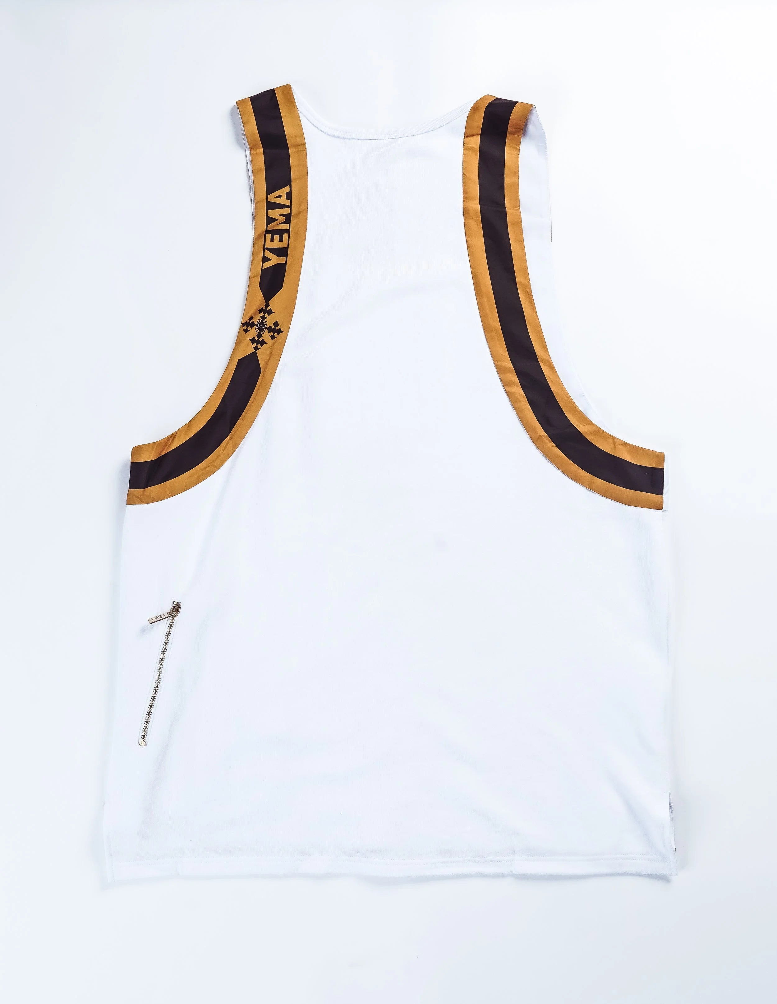 YEMA white tank top with functional front and back zipper pockets and heritage giraffe motif