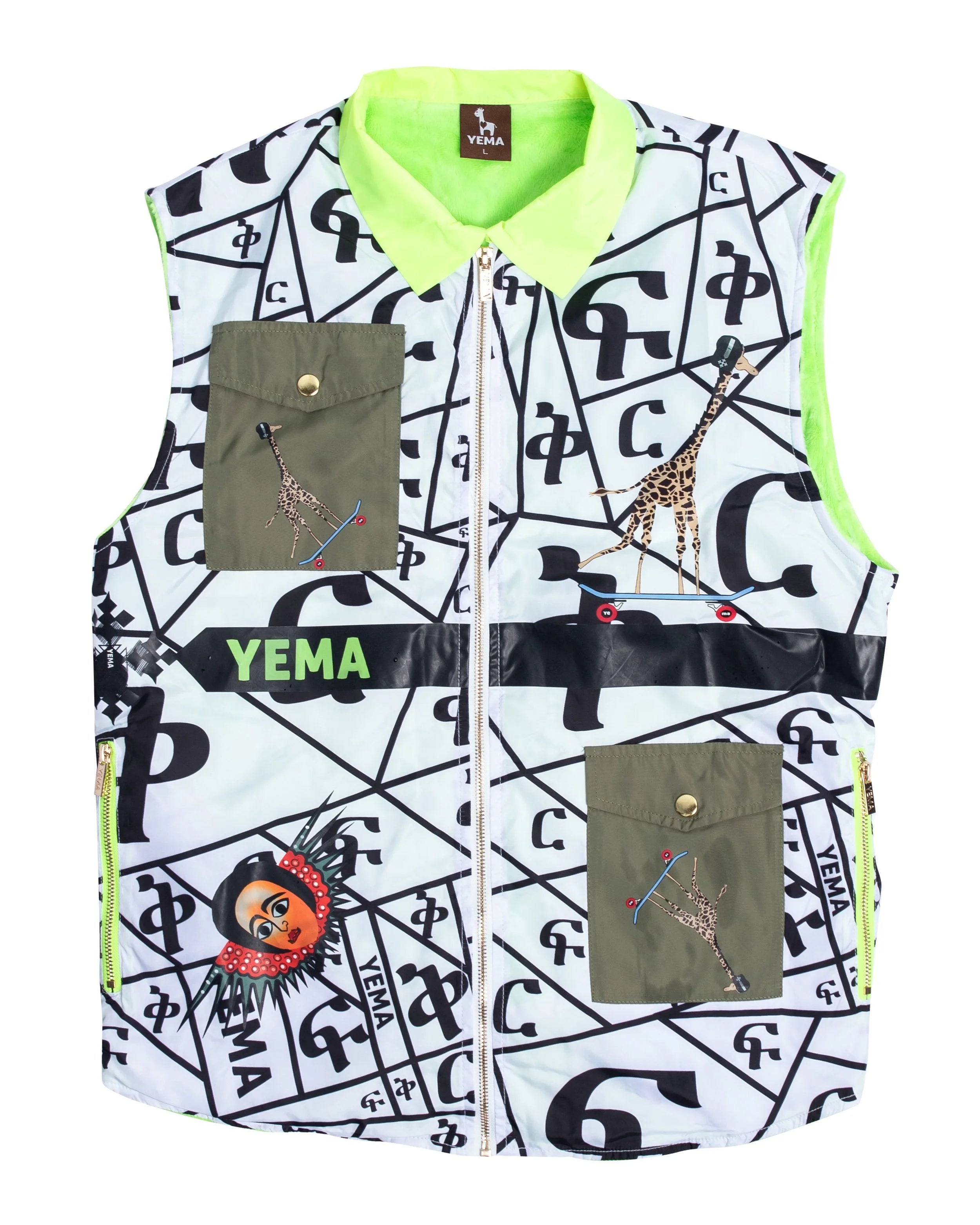 YEMA Sams.O.Manyanki vest featuring velvet lining and purple pocket accents