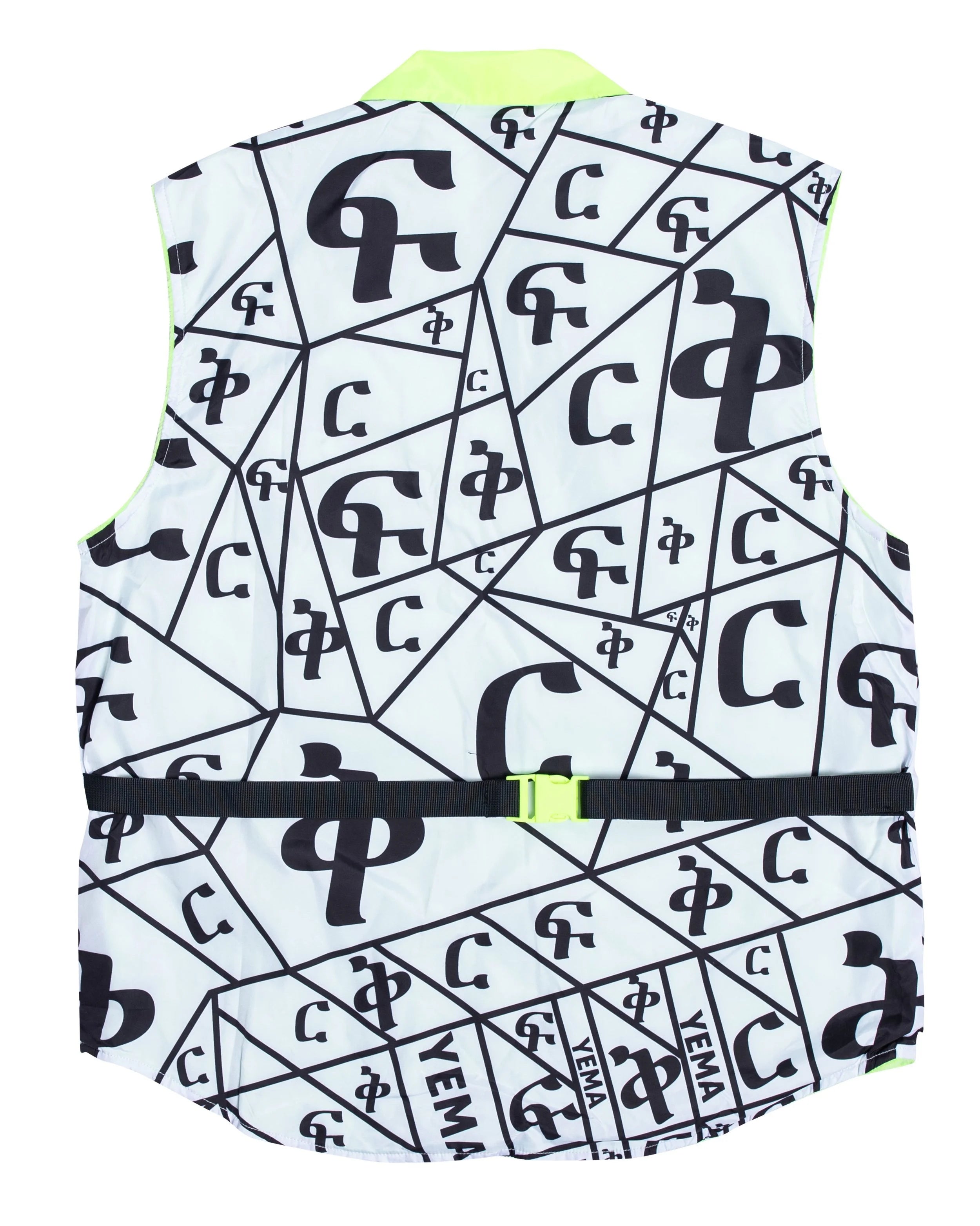 Back detail of YEMA vest displaying adjustable straps with accented buckle