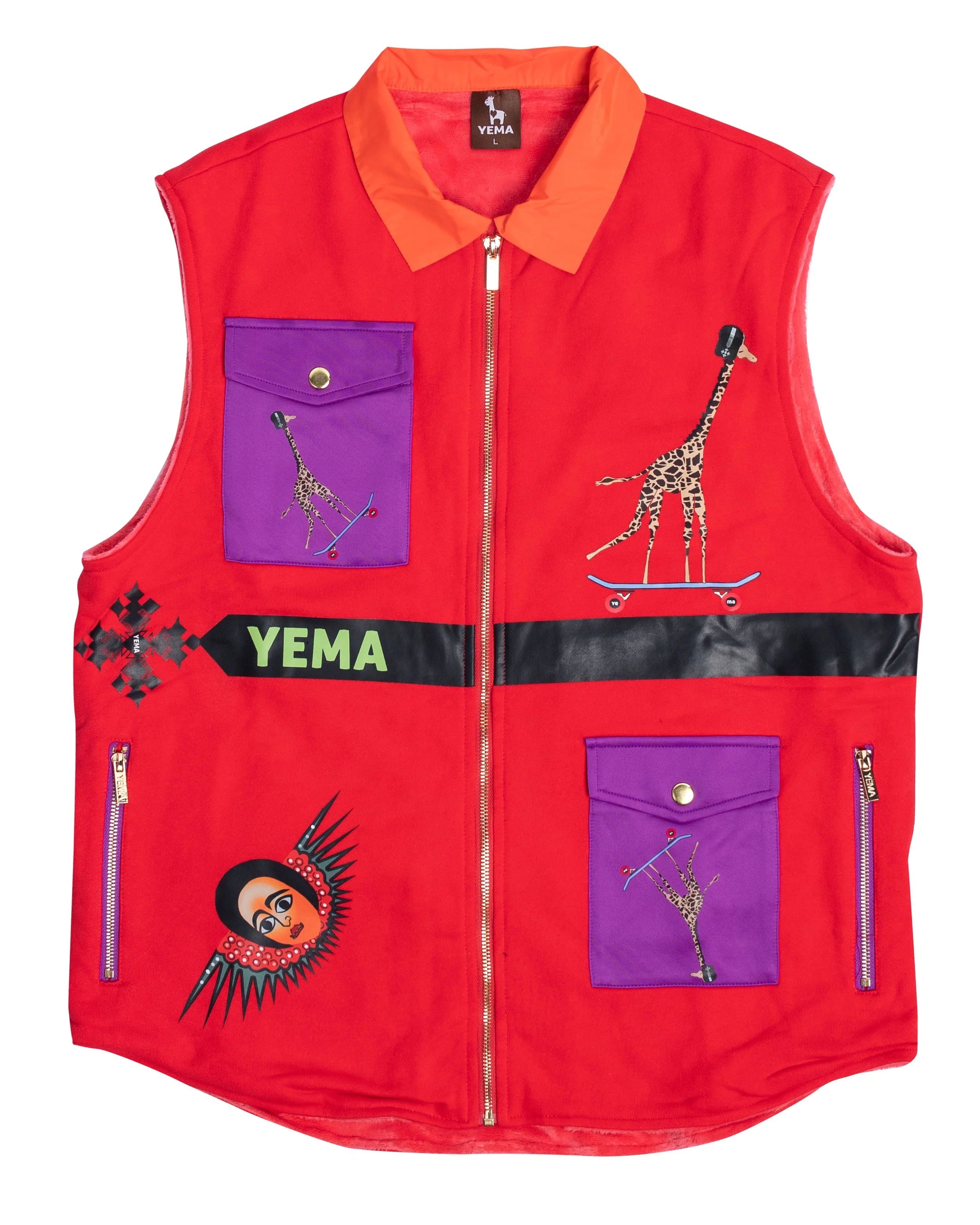 YEMA Sams.O.Manyanki vest featuring velvet lining and purple pocket accents