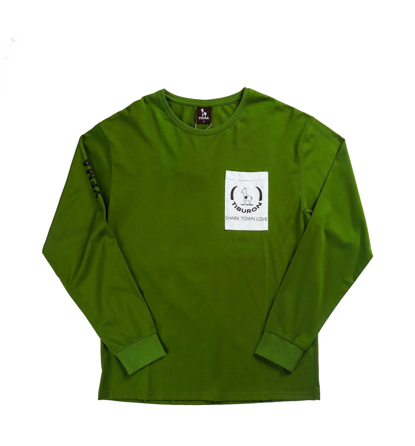 Front view of Olive long sleeve pocket tee showing Shark Town Love graphic and California pride