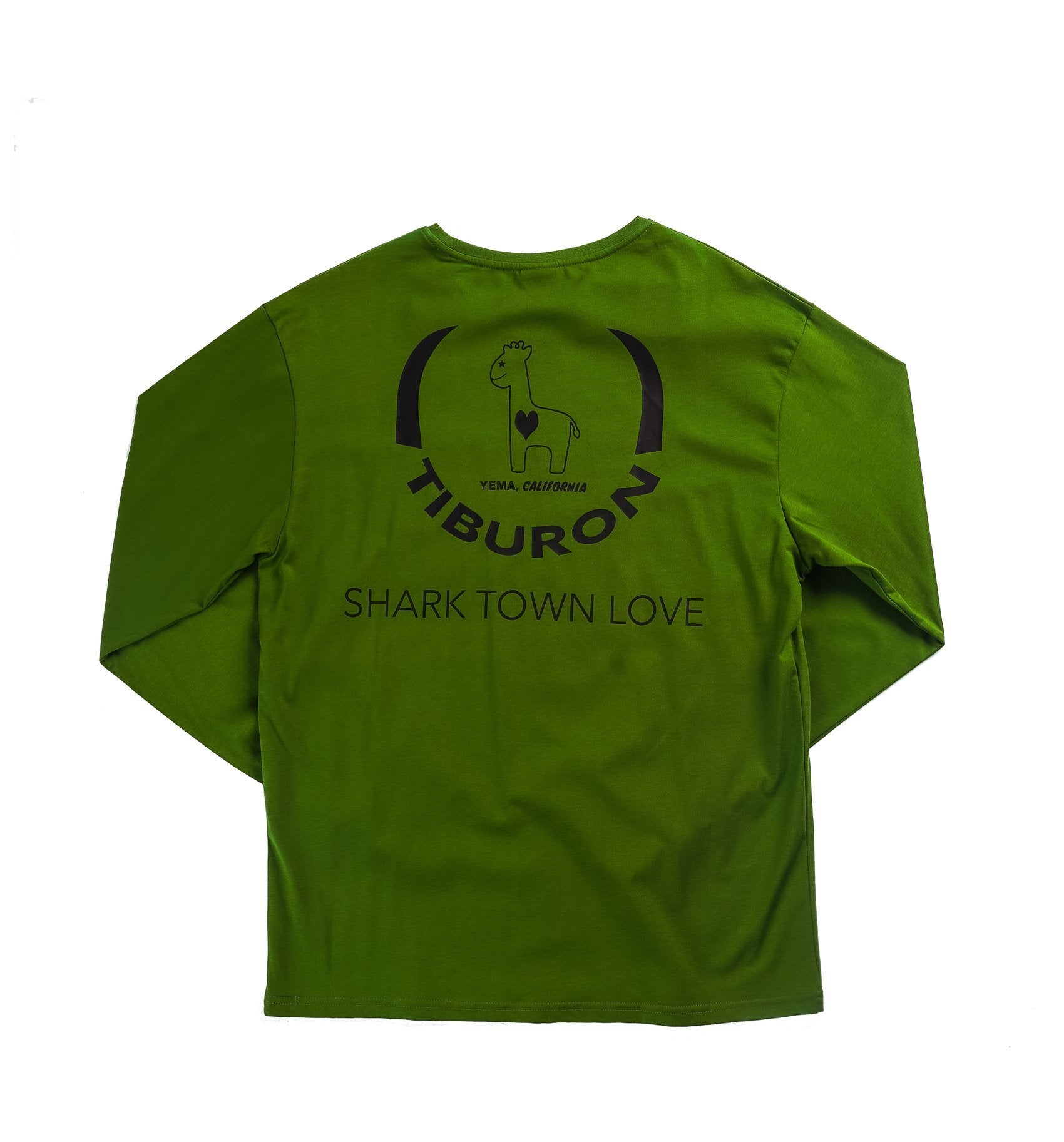 YEMA Shark Town Love pocket long sleeve tee in Olive featuring Bay Area STL motif design