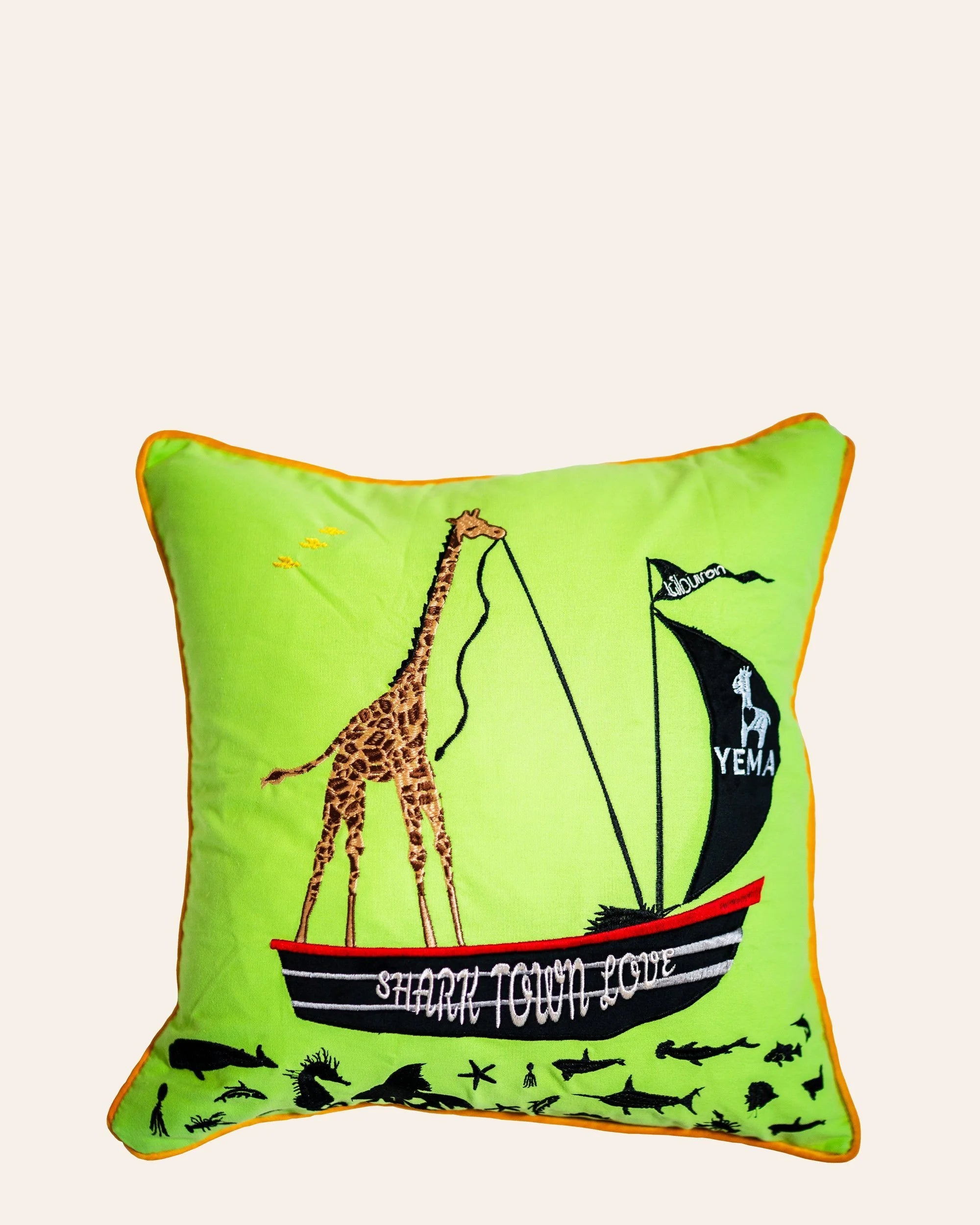 YEMA STL Captain Giraffe pillow case in Kibera Green with fully embroidered giraffe and gold velvet trim