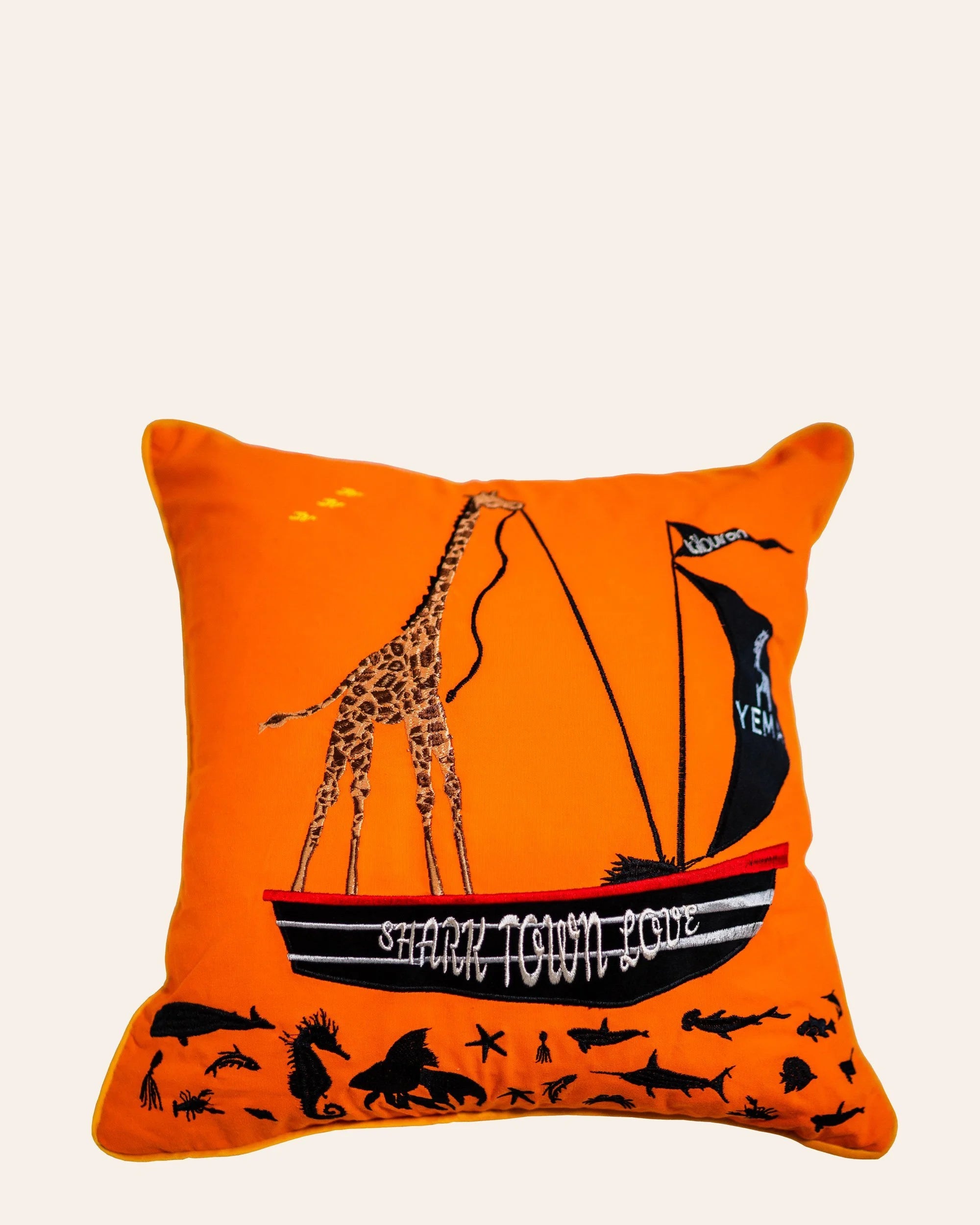 YEMA STL Captain Giraffe pillow case in Maasai Mara with fully embroidered giraffe and gold velvet trim