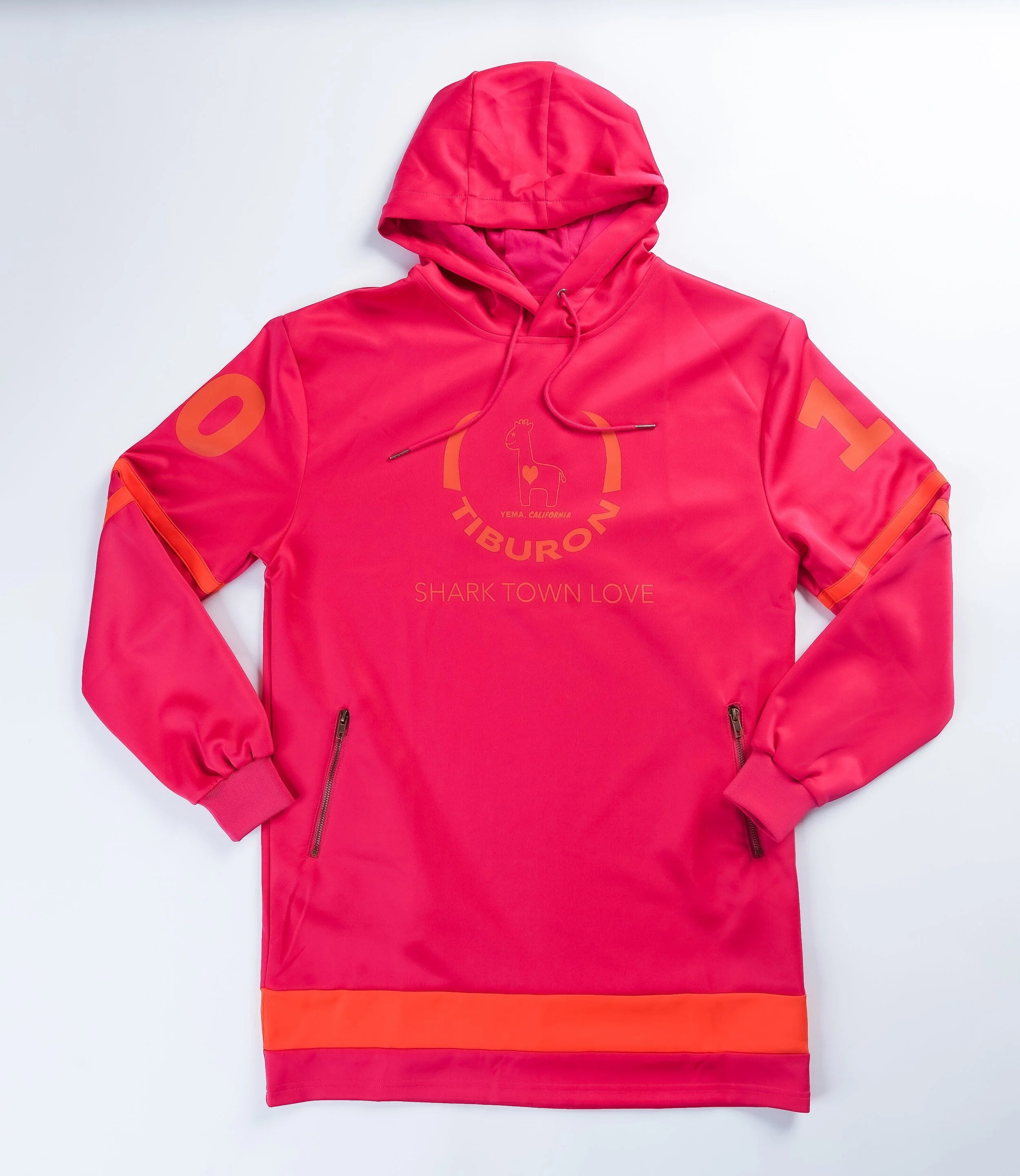 Front view of oversized hoodie dress showing beautiful embroidery details and roomy fit