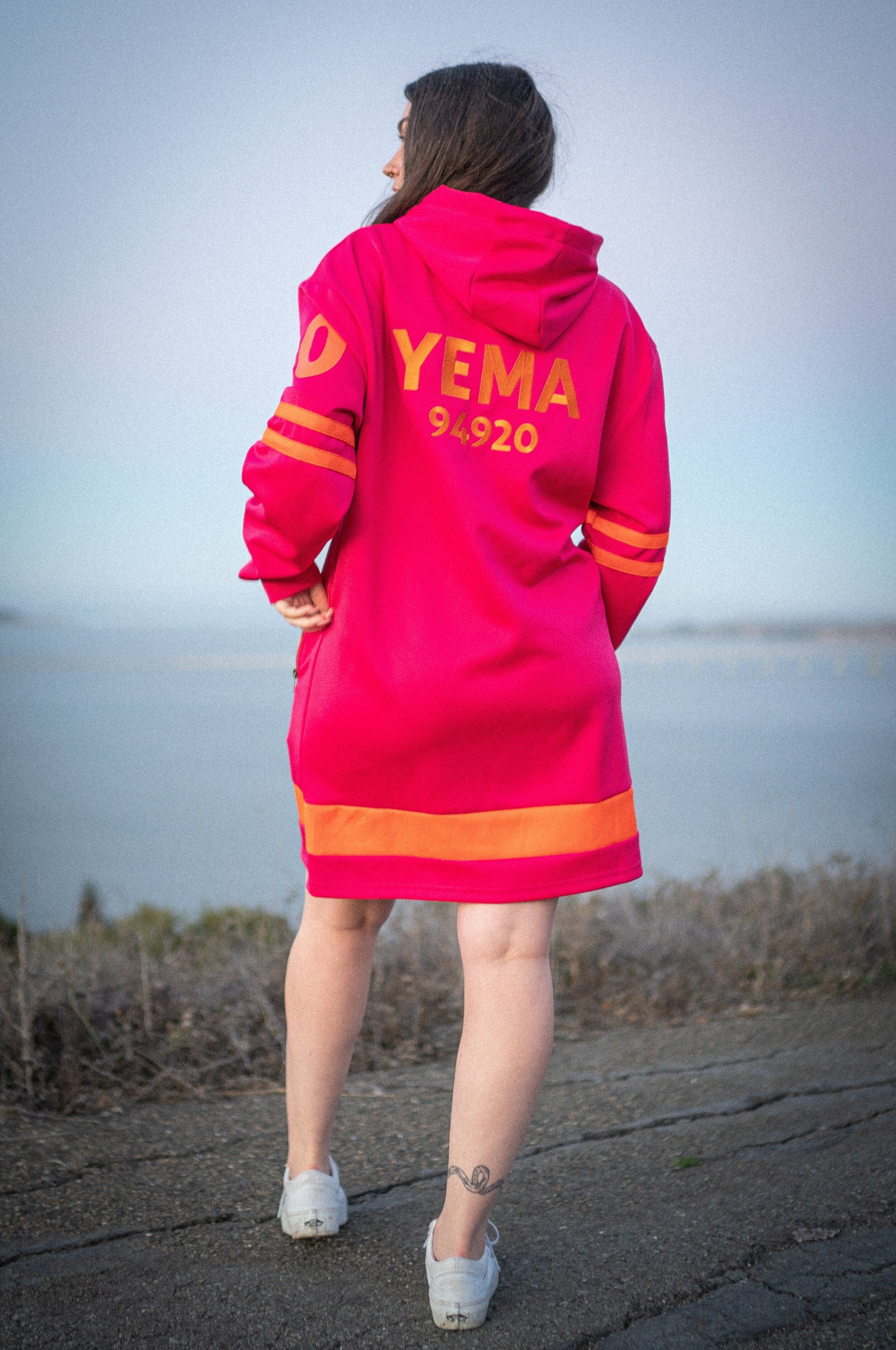 YEMA STL hoodie dress with Shark Town Love embroidery accents and silky soft polyester