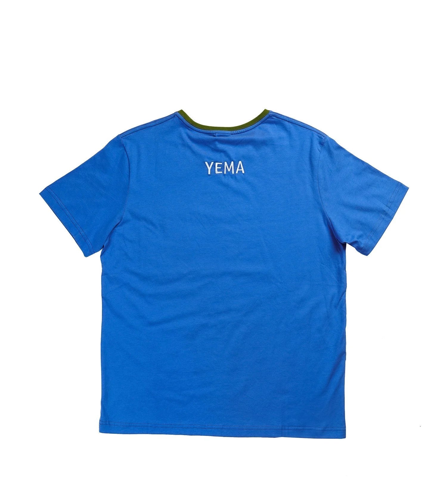 Back view of Kibera Blue pocket tee showing YEMA embroidery logo on cotton construction