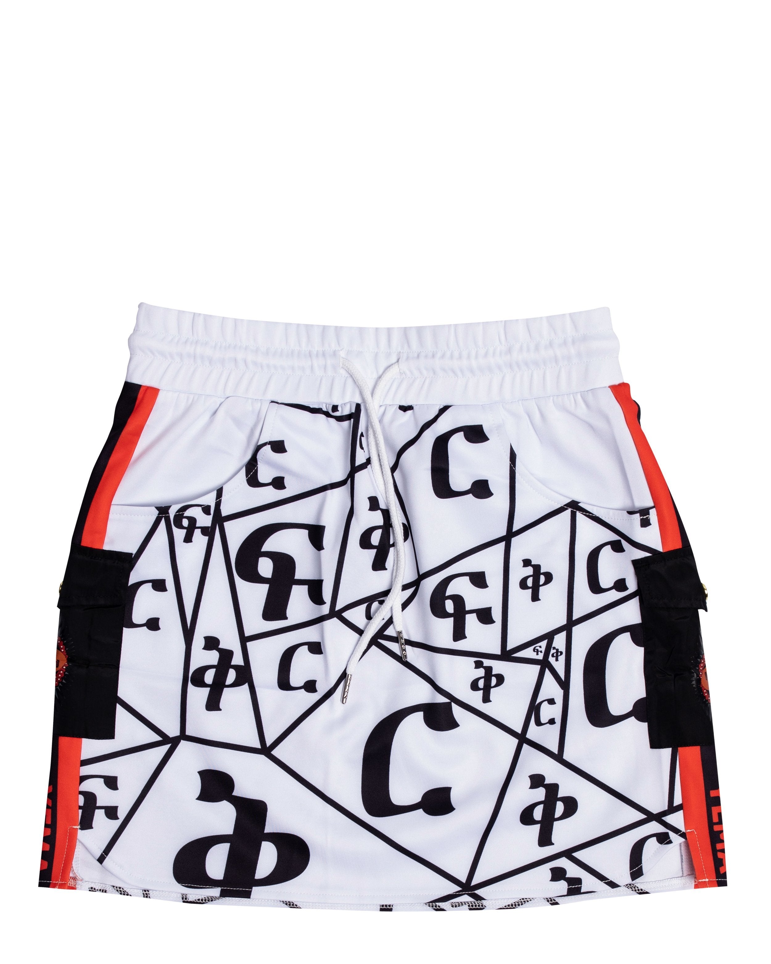 Front view of high-waisted mini skirt showing drawstring waist and easy access pockets