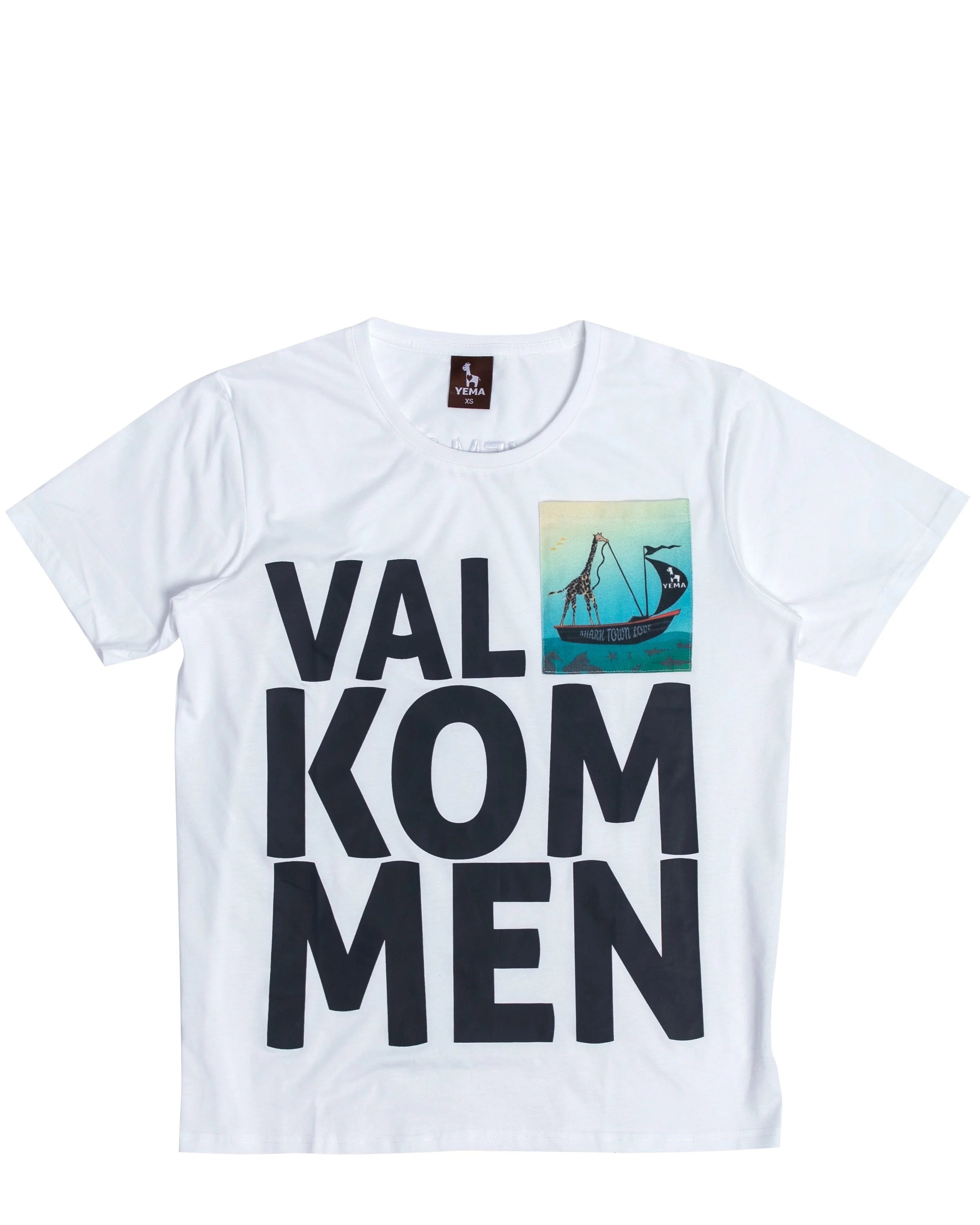 Front view of pocket tee showing Captain Giraffe sailing design with welcome messaging