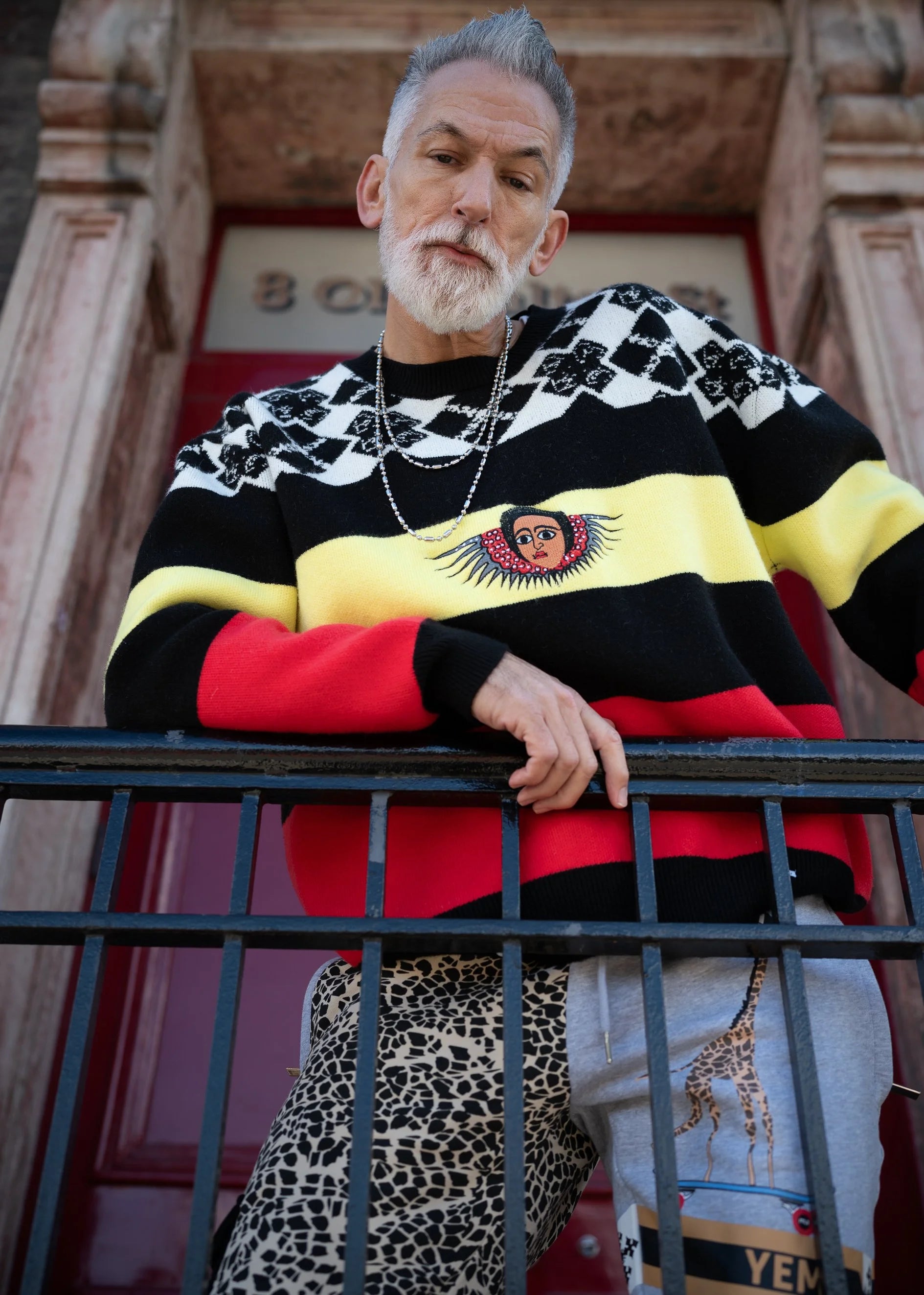 YEMA YENE MELAK color block jacquard sweater with Ethiopian Melak angel embroidery