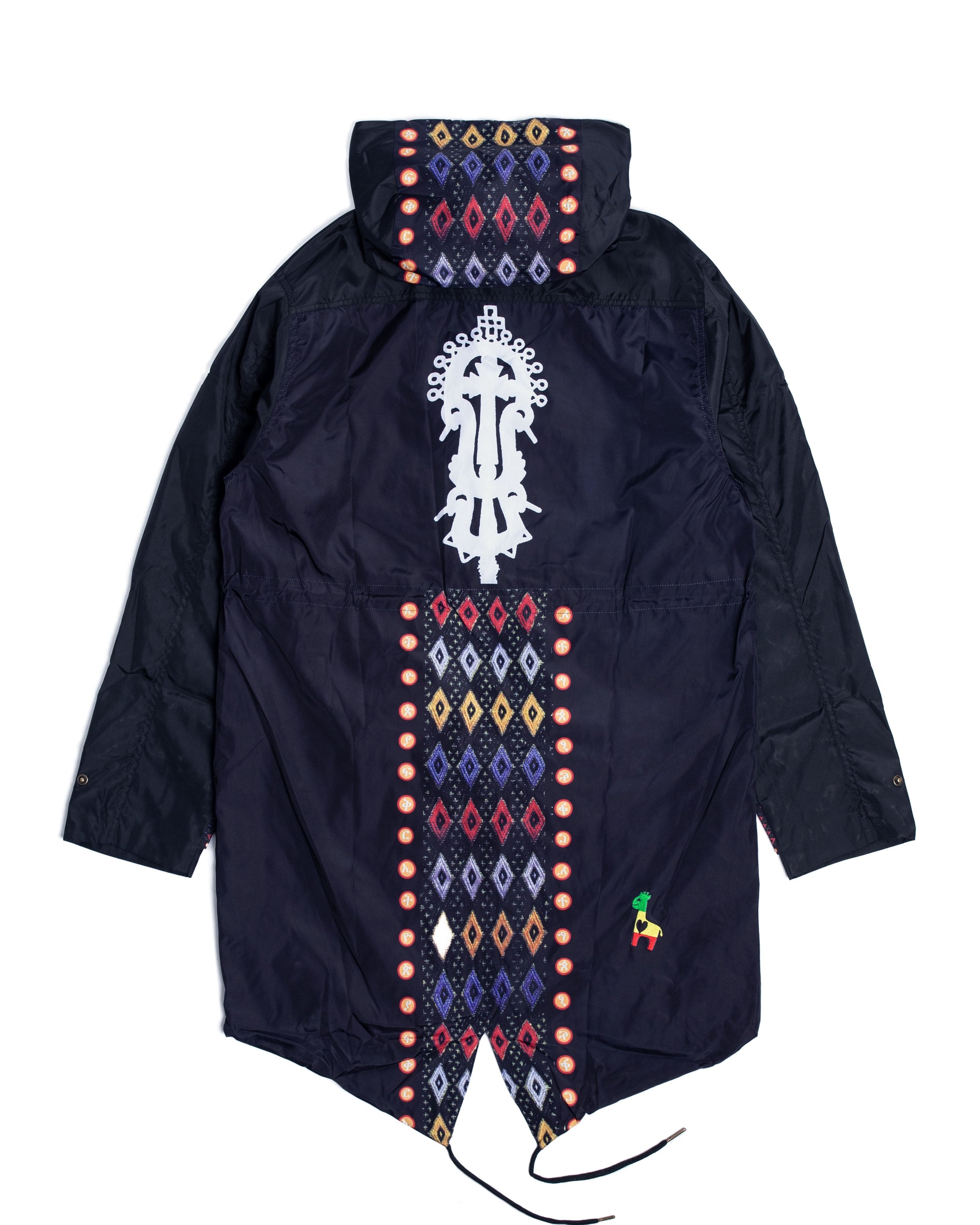 Thigh-high relaxed fit parka featuring sacred Meskel pattern in black by YEMA