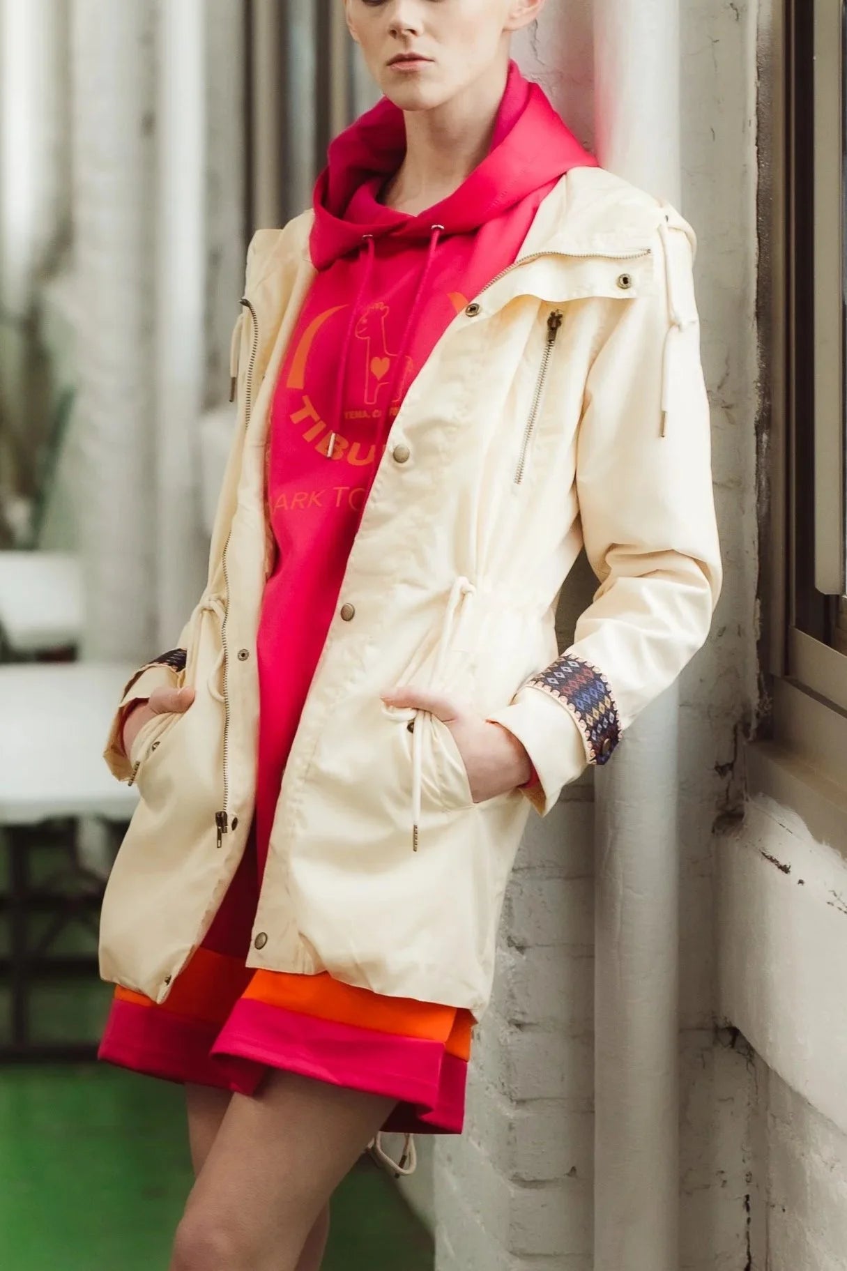 Thigh-high relaxed fit parka featuring sacred Meskel pattern by YEMA